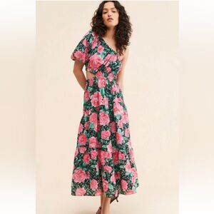 Moon River Women's Floral Print One Shoulder Tiered Midi Dress Garden Party Sz M